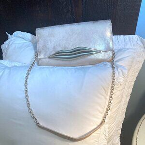 DVF Lips Clutch Shoulder Bag Purse Champagne Gold Cream